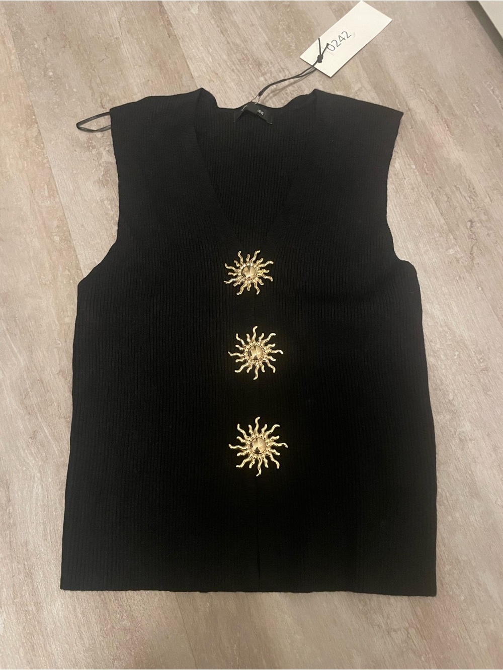 NWT Love Tree Womens Black V-Neck Vest with Gold Sun Medallion